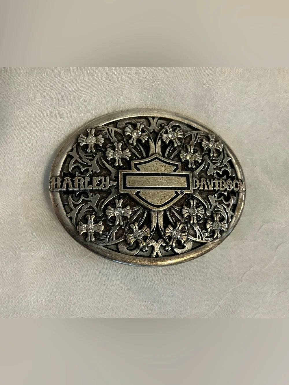 Harley-Davidson Silver Floral Filigree Belt Buckle with Crystal Accents